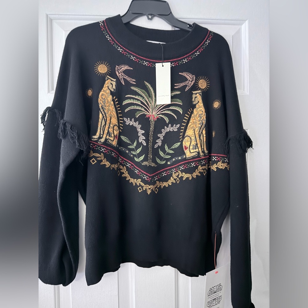 Never Fully Dressed embroidered Black Sweater with Gold and Red Animal Print